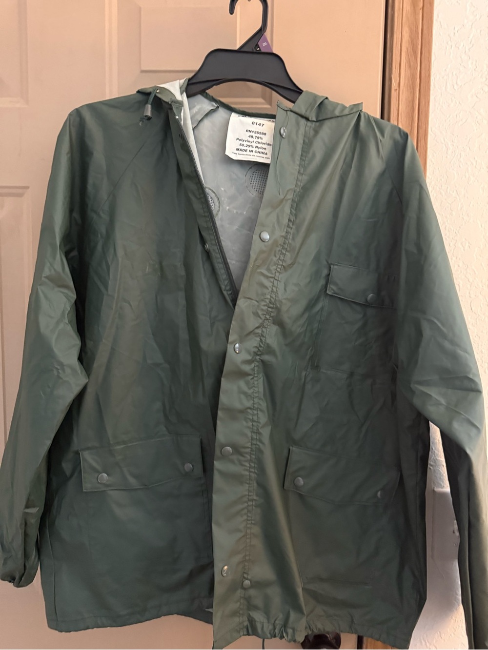 Men's Olive Green Hooded Raincoat with Snap Front